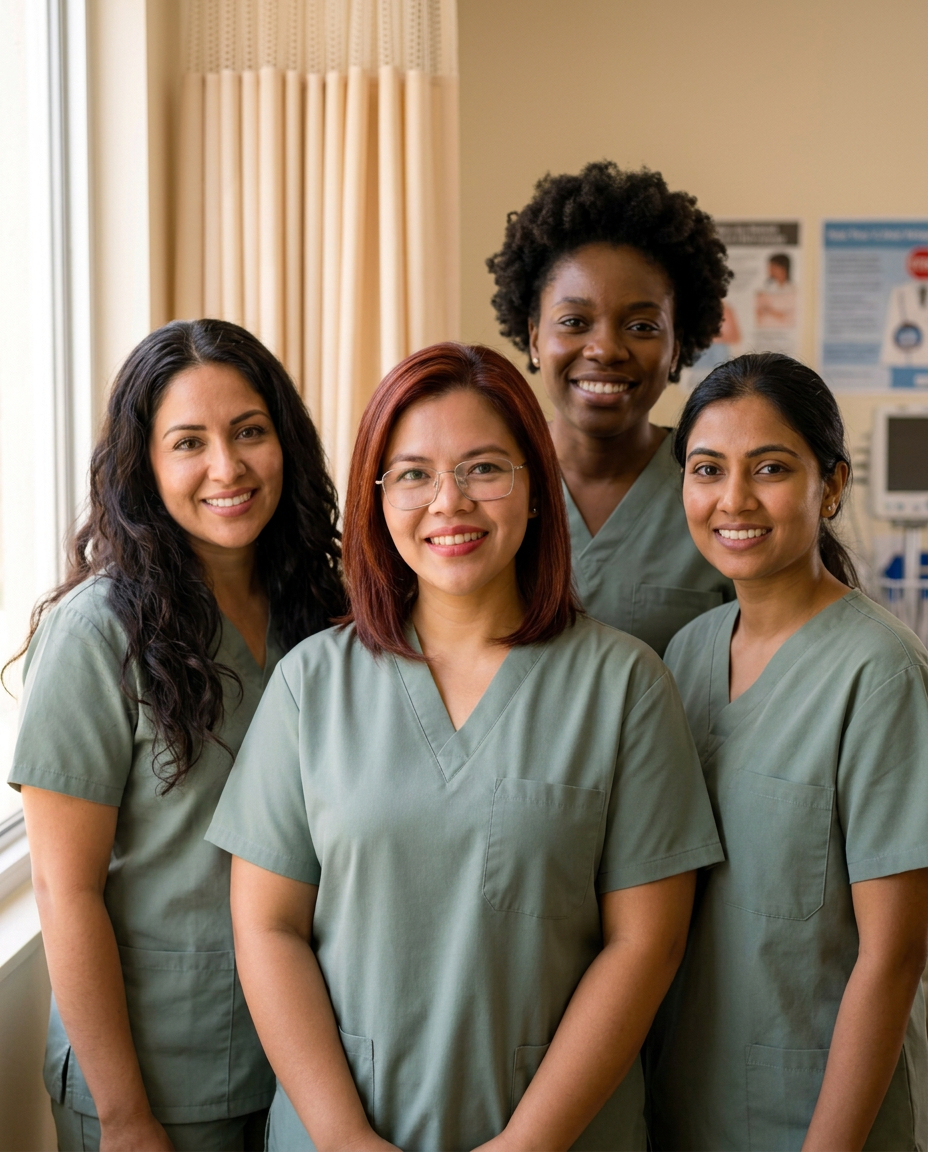 A diverse group of internationally trained nurses in sage-green scrubs standing together in a bright Austrian care room