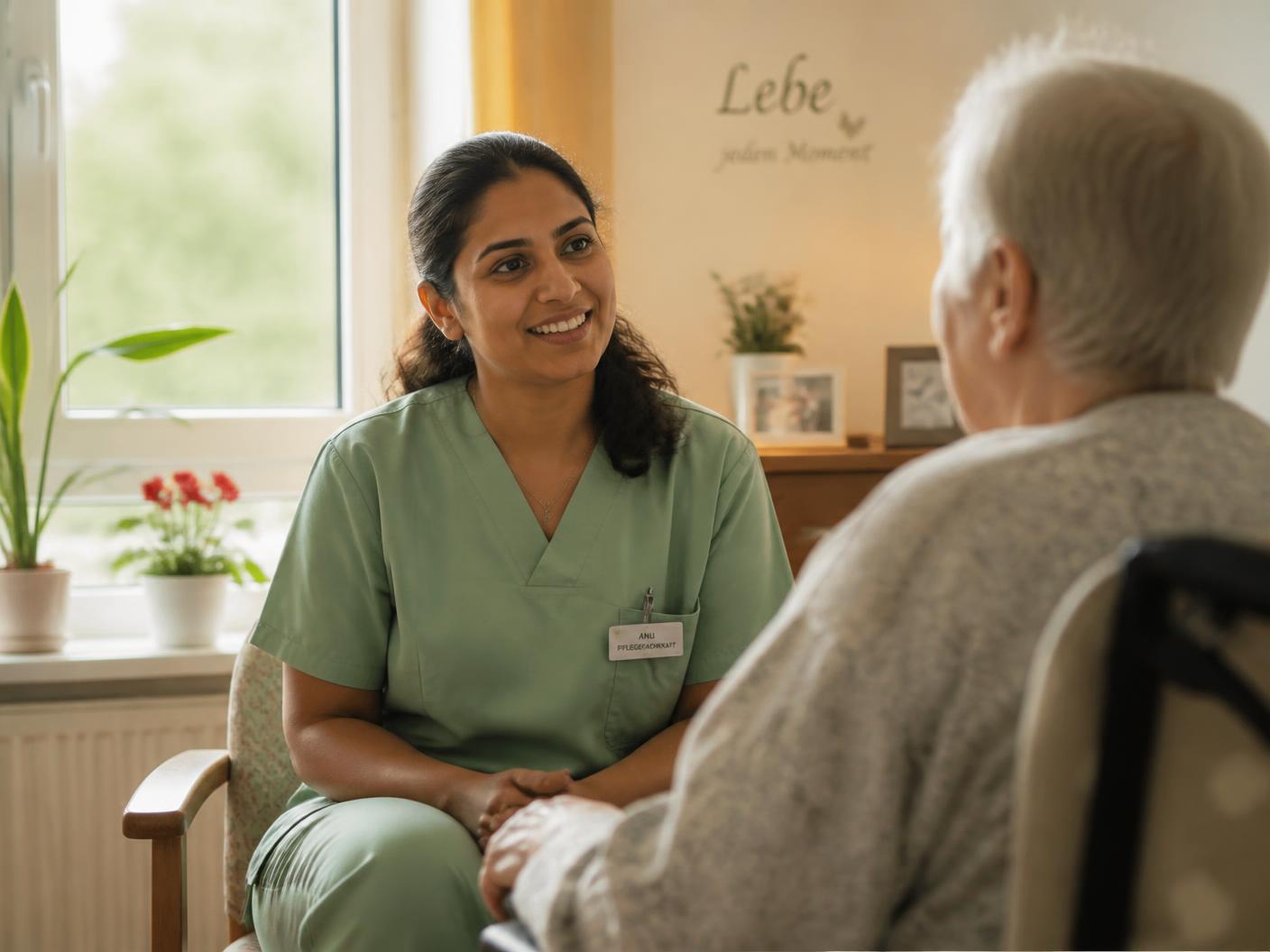 A nurse in sage-green scrubs speaking calmly with an older patient in a bright Austrian care room